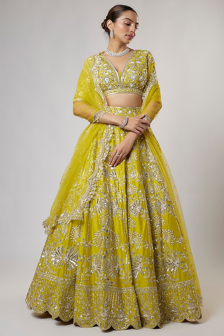 Bright Green Dupion Silk Zardosi & Sequins Embroidered Bridal Lehenga Set by Shlok Design at Pernia's Pop Up Shop