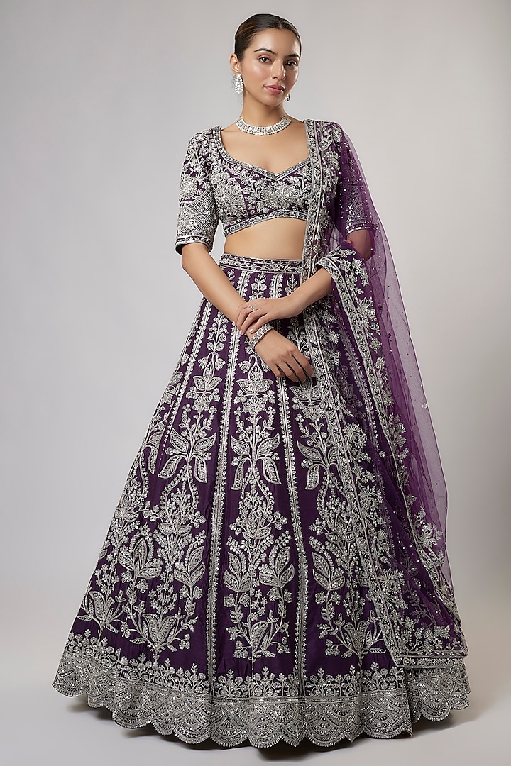 Purple Dupion Silk Zardosi & Kasab Embroidered Bridal Lehenga Set by Shlok Design at Pernia's Pop Up Shop