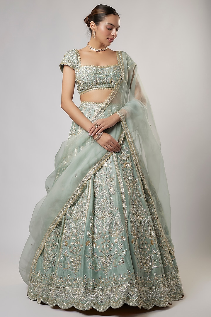 Moss Green Dupion Silk Zardosi & Floral Embroidered Bridal Lehenga Set by Shlok Design at Pernia's Pop Up Shop