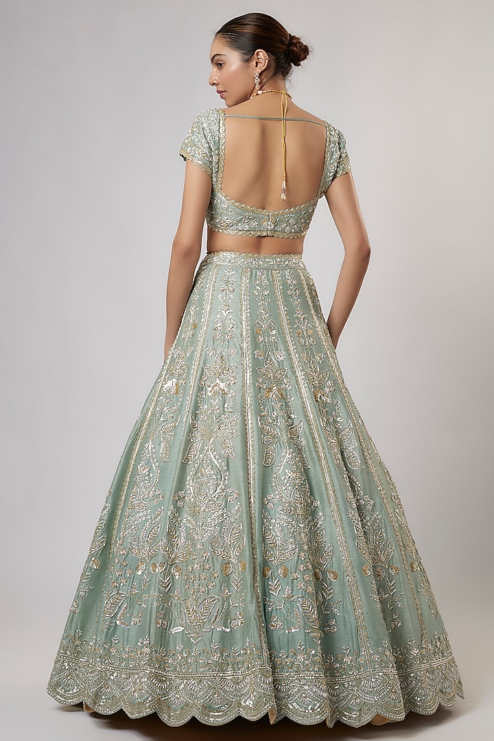Moss Green Dupion Silk Zardosi & Floral Embroidered Bridal Lehenga Set by Shlok Design at Pernia's Pop Up Shop