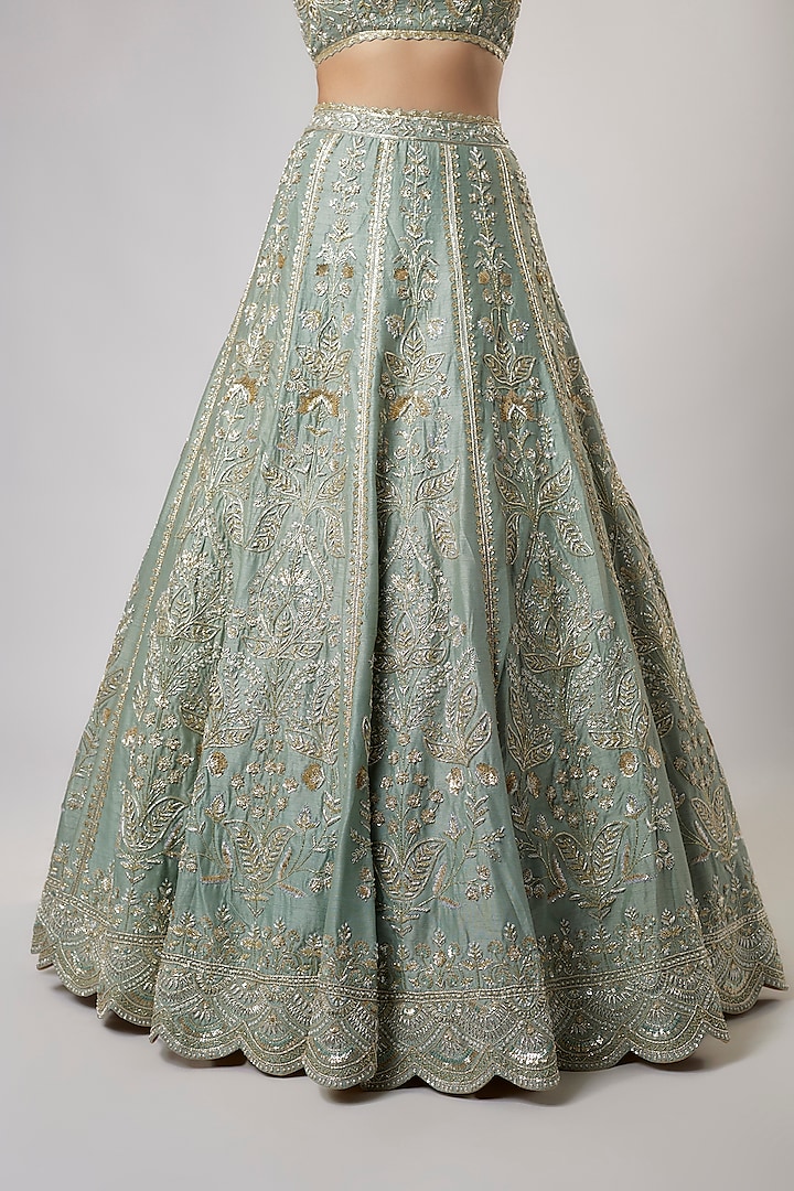 Moss Green Dupion Silk Zardosi & Floral Embroidered Bridal Lehenga Set by Shlok Design at Pernia's Pop Up Shop