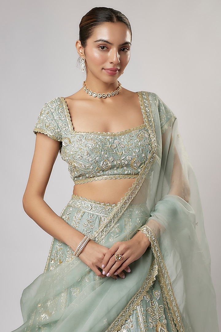 Moss Green Dupion Silk Zardosi & Floral Embroidered Bridal Lehenga Set by Shlok Design at Pernia's Pop Up Shop