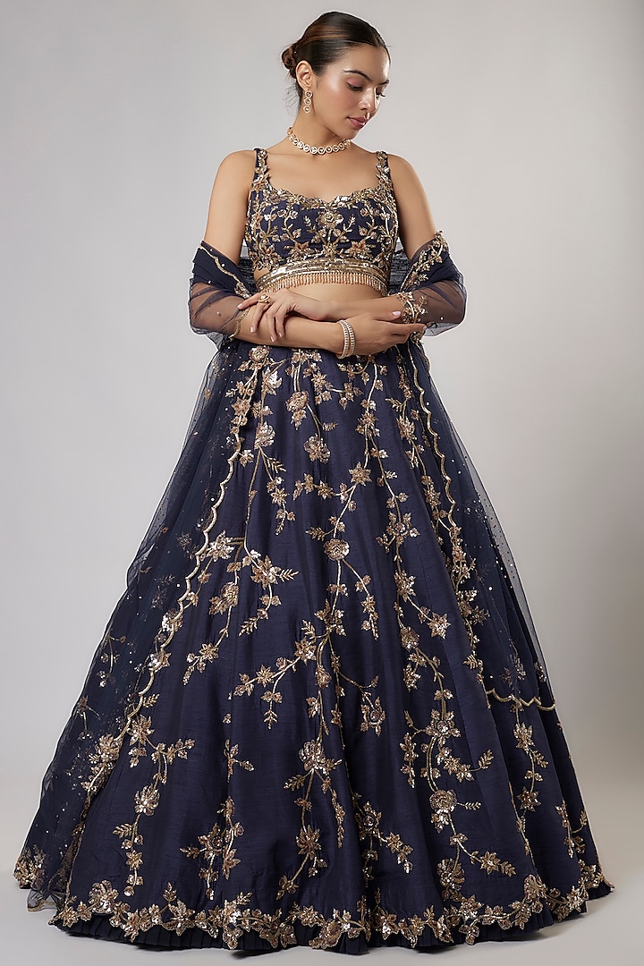 Dark Blue Dupion Silk Zardosi & Jaal Embroidered Bridal Lehenga Set by Shlok Design at Pernia's Pop Up Shop