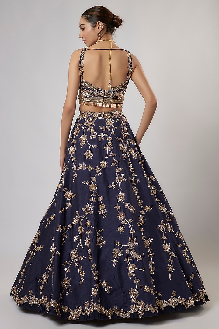 Dark Blue Dupion Silk Zardosi & Jaal Embroidered Bridal Lehenga Set by Shlok Design at Pernia's Pop Up Shop