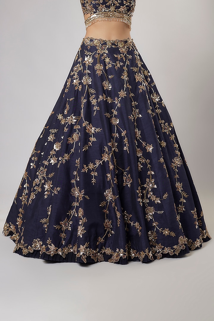 Dark Blue Dupion Silk Zardosi & Jaal Embroidered Bridal Lehenga Set by Shlok Design at Pernia's Pop Up Shop