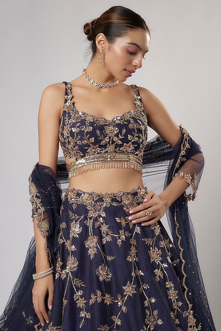 Dark Blue Dupion Silk Zardosi & Jaal Embroidered Bridal Lehenga Set by Shlok Design at Pernia's Pop Up Shop