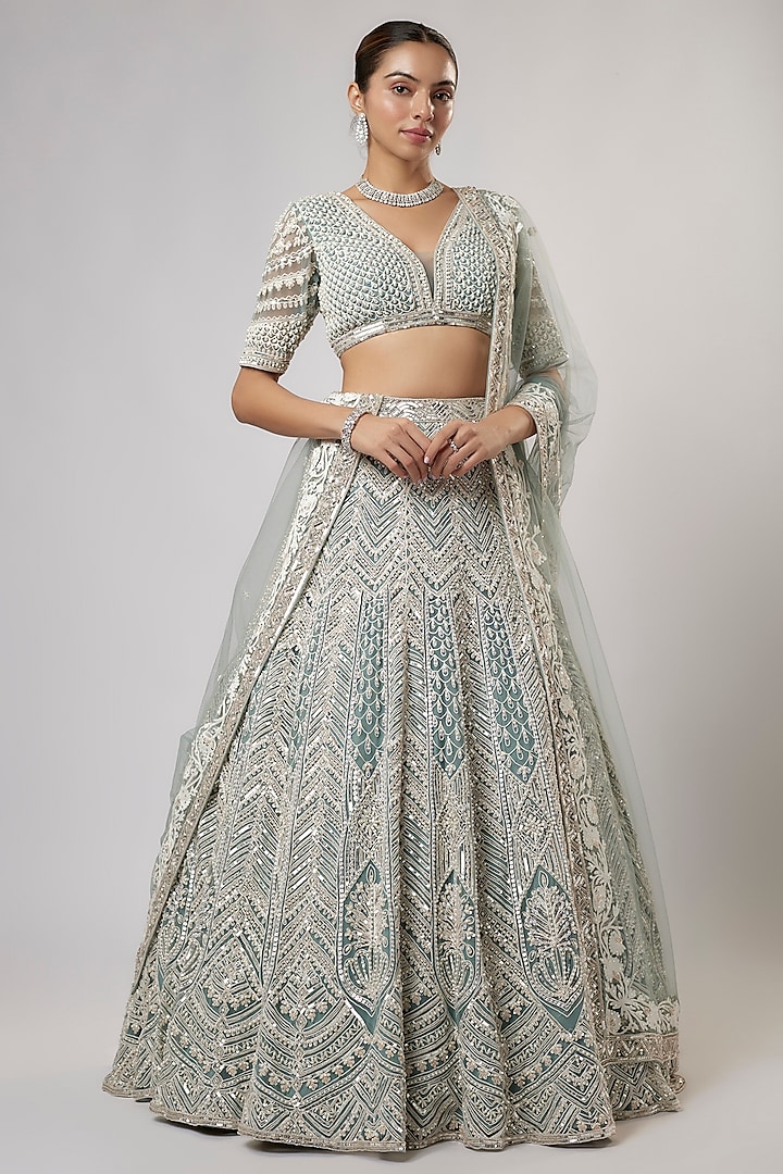 Moss Green Net Pearl & Sequins Embroidered Lehenga Set by Shlok Design