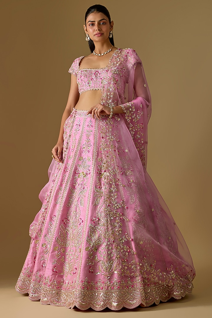 Pink Raw Silk Zardosi Embroidered Handcrafted Bridal Lehenga Set by Shlok Design at Pernia's Pop Up Shop