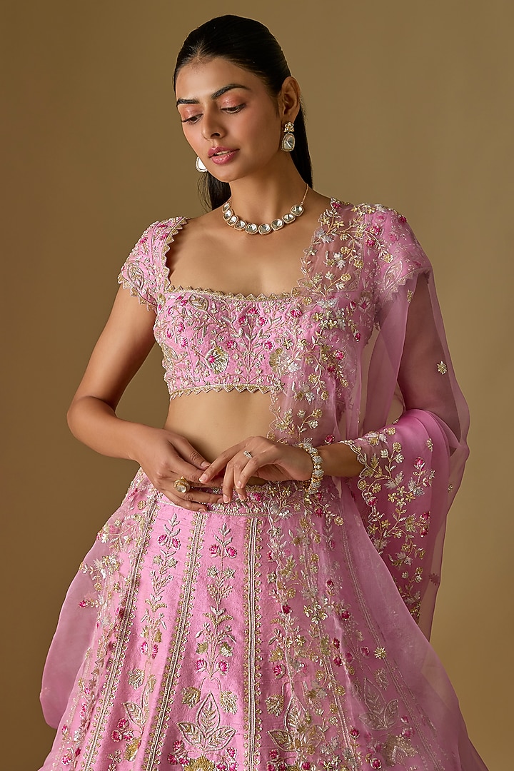 Pink Raw Silk Zardosi Embroidered Handcrafted Bridal Lehenga Set by Shlok Design at Pernia's Pop Up Shop