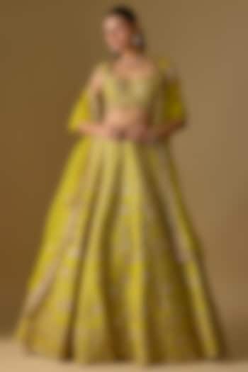 Green Dupion Silk Zardosi Embroidered Bridal Lehenga Set by Shlok Design at Pernia's Pop Up Shop