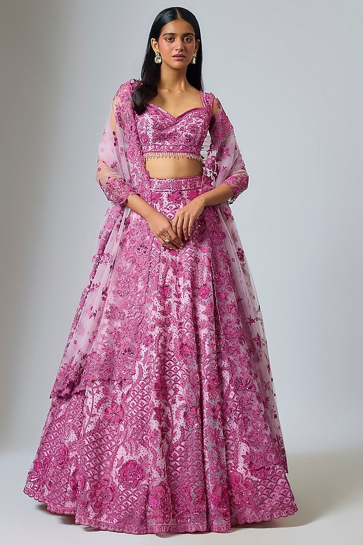 Pink Net Resham Embroidered Bridal Lehenga Set by Shlok Design at Pernia's Pop Up Shop
