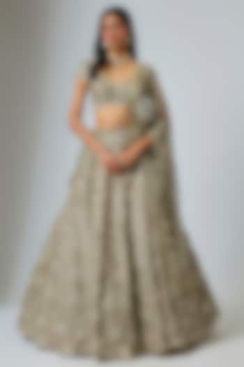 Green Dupion Zardosi Embroidered Bridal Lehenga Set by Shlok Design at Pernia's Pop Up Shop