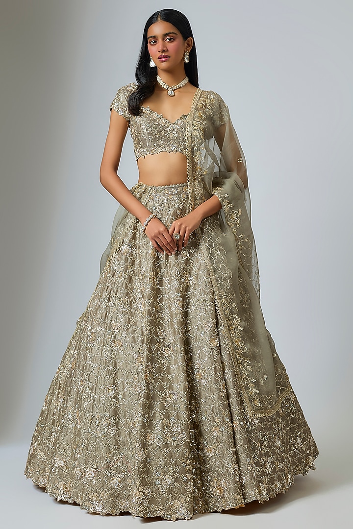 Green Dupion Zardosi Embroidered Bridal Lehenga Set by Shlok Design at Pernia's Pop Up Shop