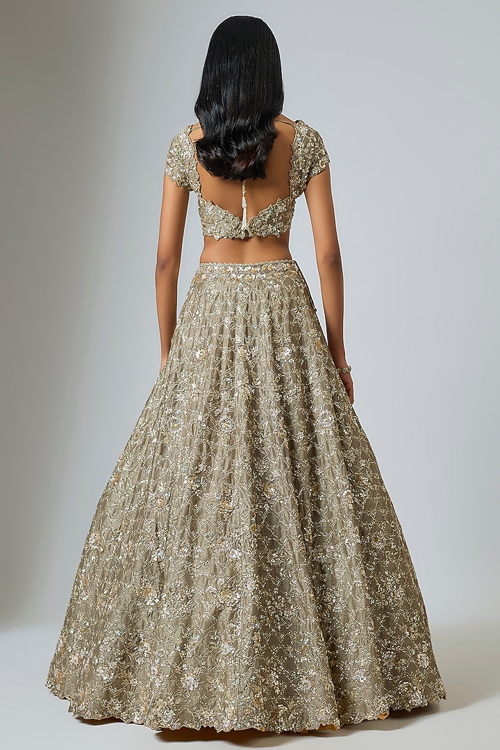 Green Dupion Zardosi Embroidered Bridal Lehenga Set by Shlok Design at Pernia's Pop Up Shop