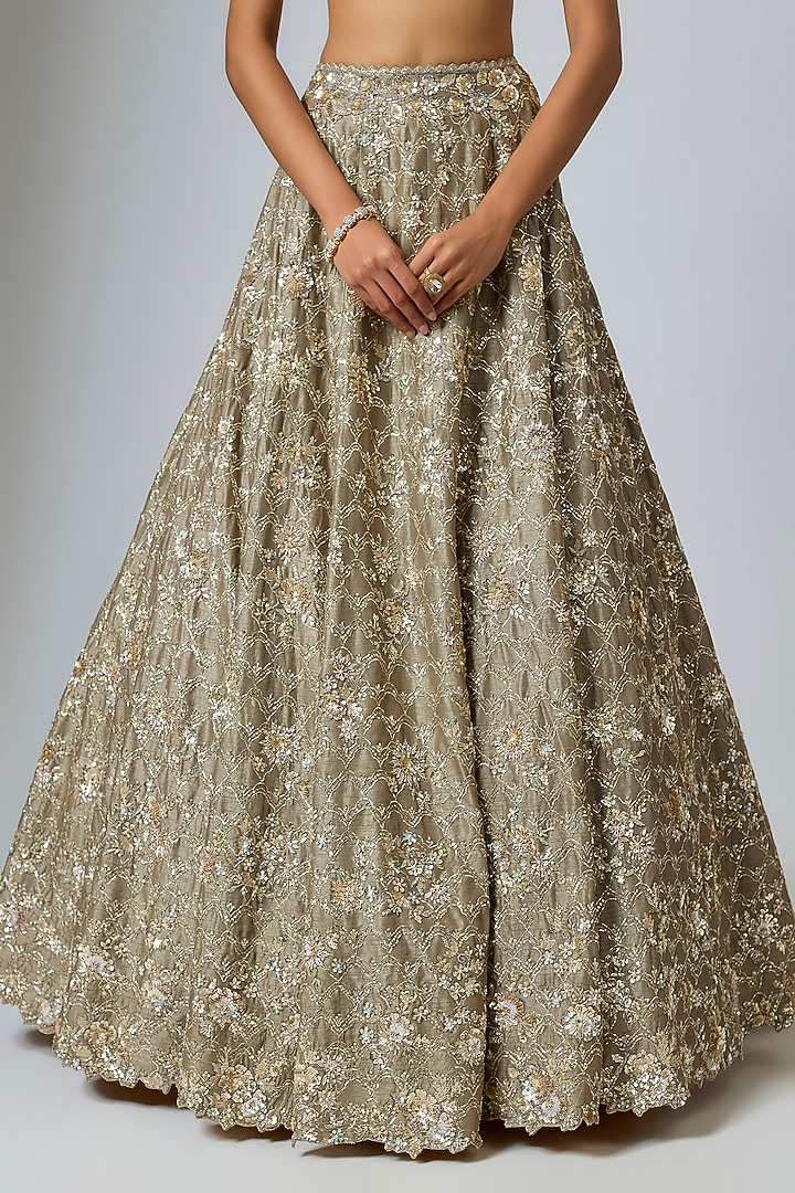 Green Dupion Zardosi Embroidered Bridal Lehenga Set by Shlok Design at Pernia's Pop Up Shop