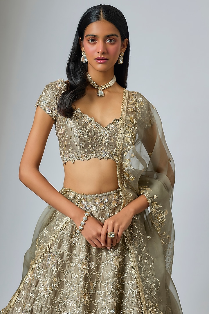 Green Dupion Zardosi Embroidered Bridal Lehenga Set by Shlok Design at Pernia's Pop Up Shop