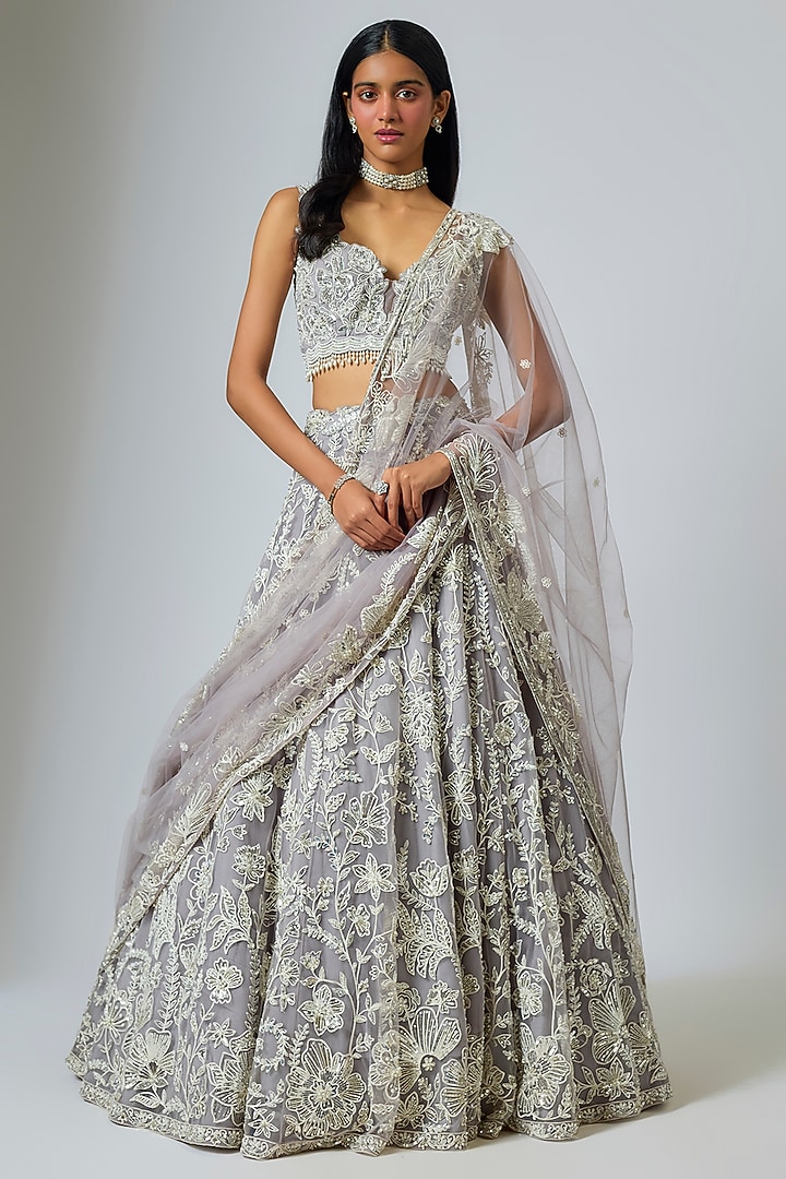 Grey Net Resham Embroidered Bridal Lehenga Set by Shlok Design at Pernia's Pop Up Shop