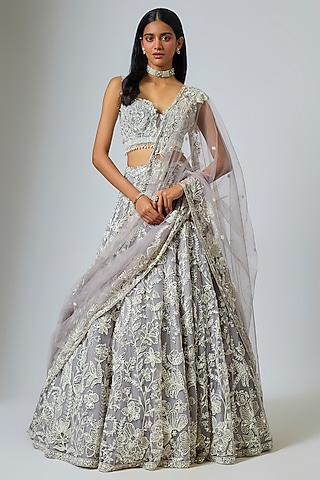 Grey Net Resham Embroidered Lehenga Set by Shlok Design