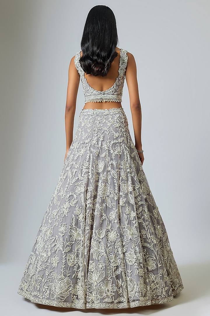 Grey Net Resham Embroidered Bridal Lehenga Set by Shlok Design at Pernia's Pop Up Shop