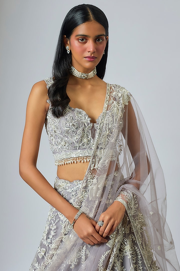 Grey Net Resham Embroidered Bridal Lehenga Set by Shlok Design at Pernia's Pop Up Shop