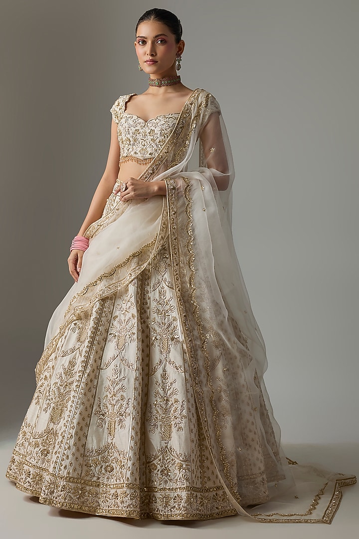 Off-White Dupion Zardosi Embroidered Bridal Lehenga Set by Shlok Design at Pernia's Pop Up Shop