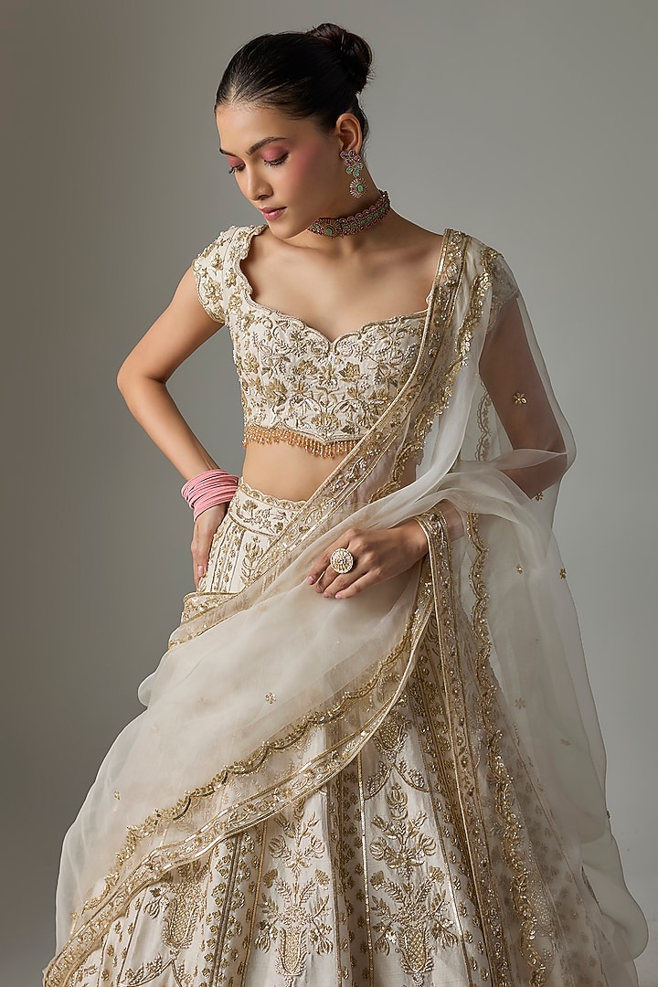 Off-White Dupion Zardosi Embroidered Bridal Lehenga Set by Shlok Design at Pernia's Pop Up Shop