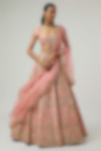 Peach Raw Silk Zardosi Embroidered Bridal Bridal Lehenga Set by Shlok Design at Pernia's Pop Up Shop