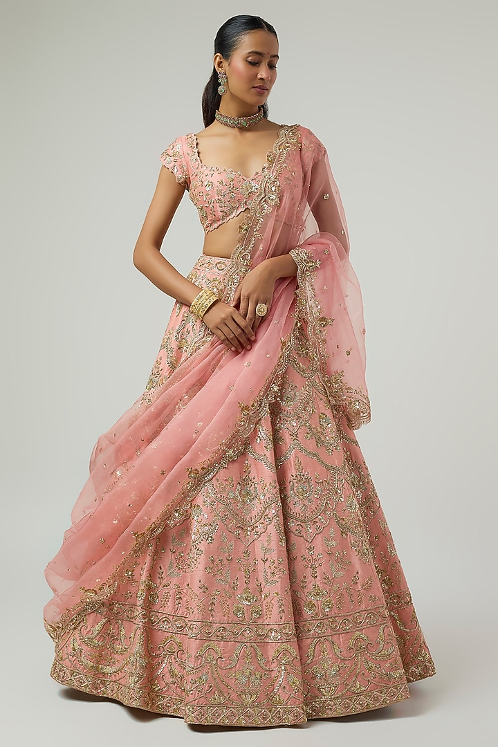 Peach Raw Silk Zardosi Embroidered Bridal Bridal Lehenga Set by Shlok Design at Pernia's Pop Up Shop