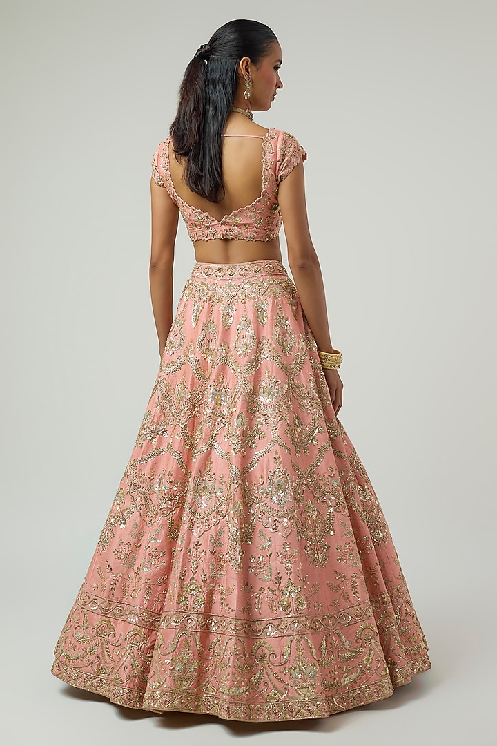 Peach Raw Silk Zardosi Embroidered Bridal Bridal Lehenga Set by Shlok Design at Pernia's Pop Up Shop