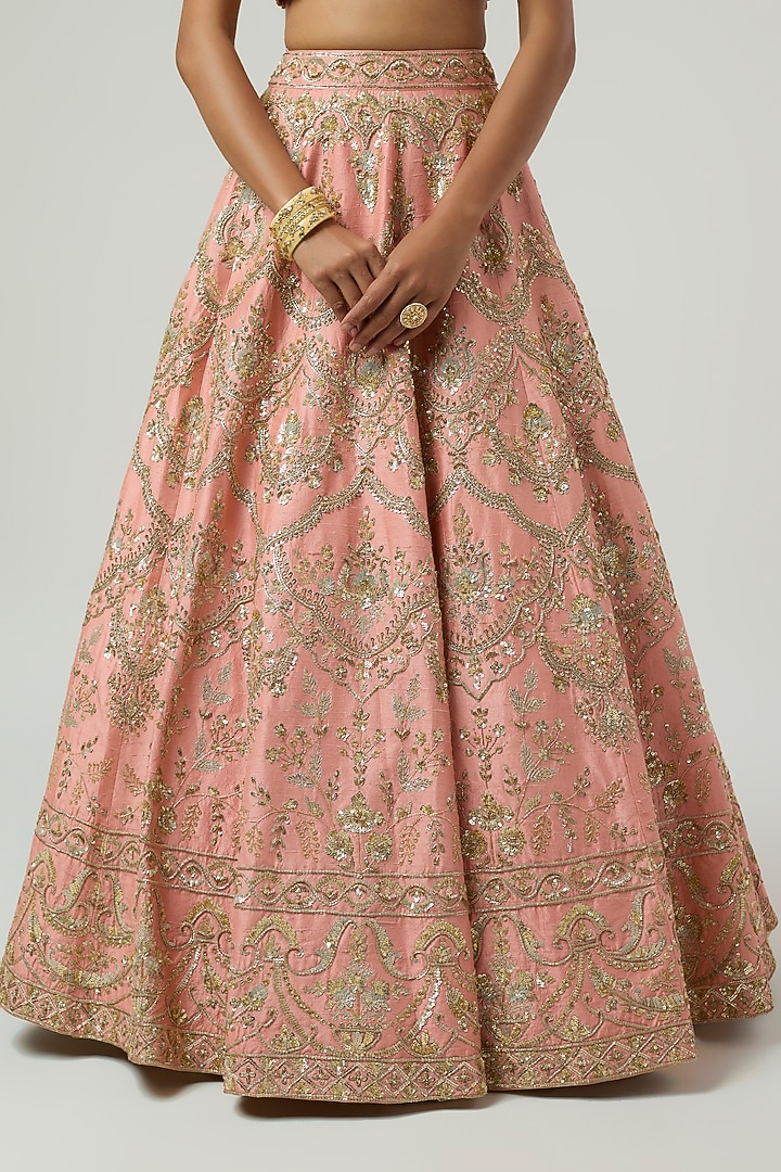 Peach Raw Silk Zardosi Embroidered Bridal Bridal Lehenga Set by Shlok Design at Pernia's Pop Up Shop
