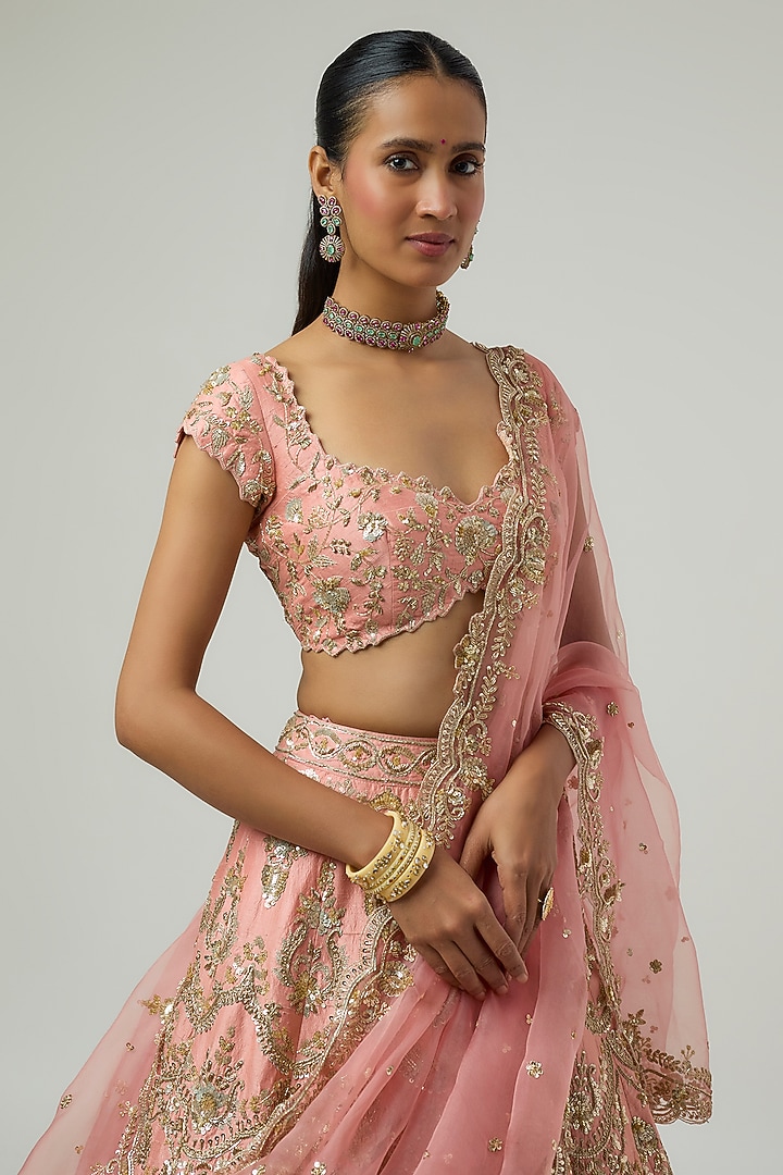 Peach Raw Silk Zardosi Embroidered Bridal Bridal Lehenga Set by Shlok Design at Pernia's Pop Up Shop