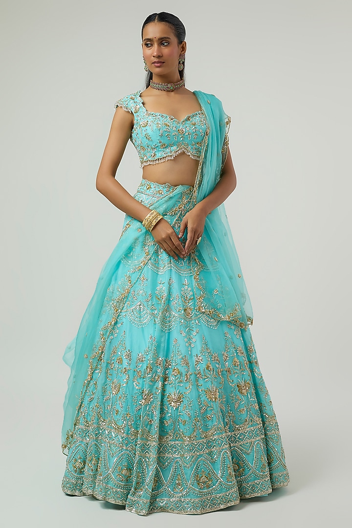 Green Organza Zardosi Embroidered Bridal Bridal Lehenga Set by Shlok Design at Pernia's Pop Up Shop