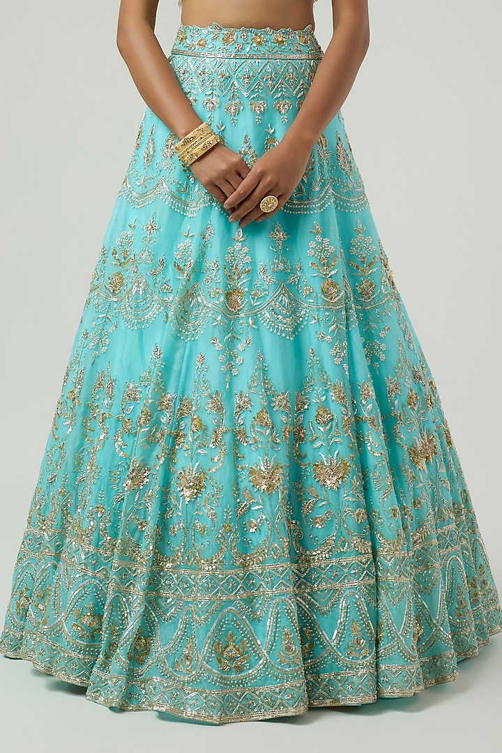 Green Organza Zardosi Embroidered Bridal Bridal Lehenga Set by Shlok Design at Pernia's Pop Up Shop