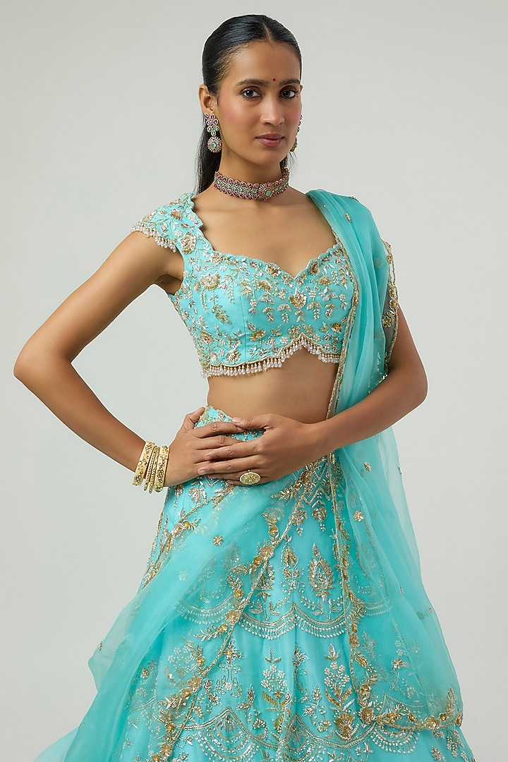 Green Organza Zardosi Embroidered Bridal Bridal Lehenga Set by Shlok Design at Pernia's Pop Up Shop