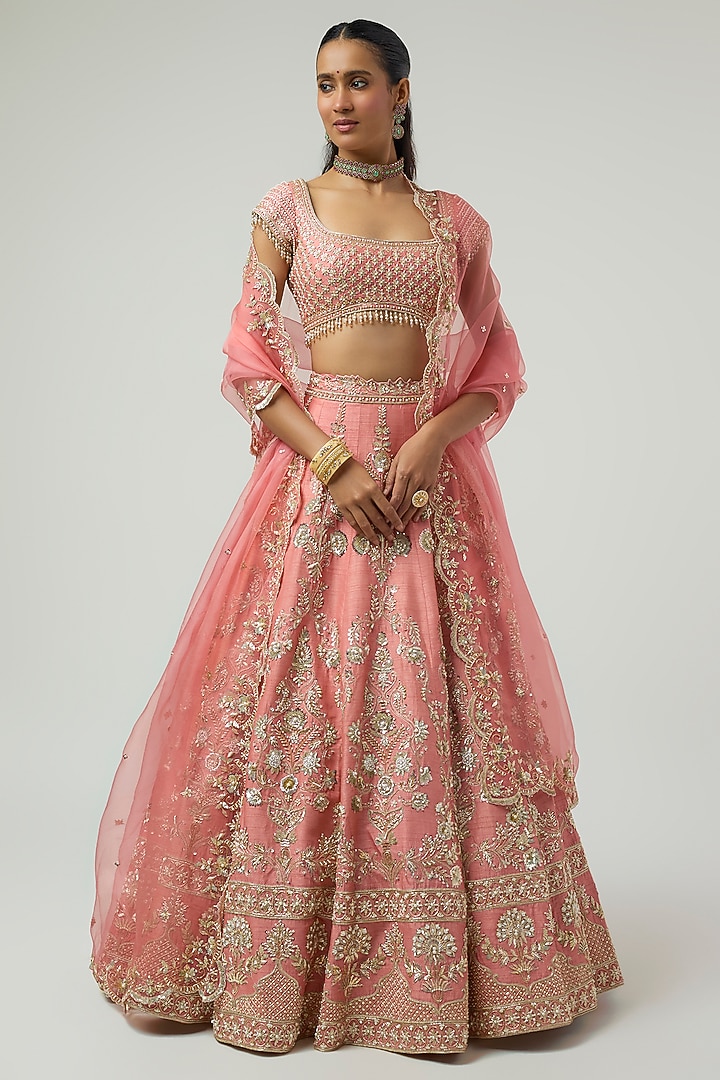 Peach Dupion Zardosi Embroidered Bridal Bridal Lehenga Set by Shlok Design at Pernia's Pop Up Shop