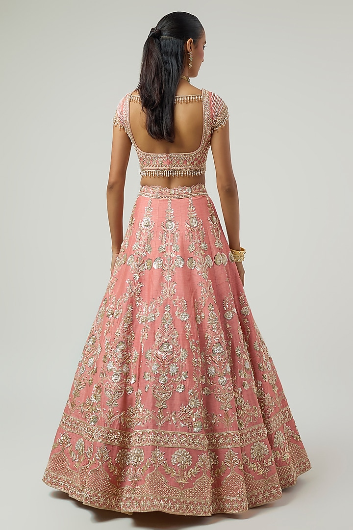 Peach Dupion Zardosi Embroidered Bridal Bridal Lehenga Set by Shlok Design at Pernia's Pop Up Shop