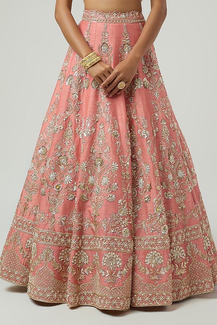 Peach Dupion Zardosi Embroidered Bridal Bridal Lehenga Set by Shlok Design at Pernia's Pop Up Shop