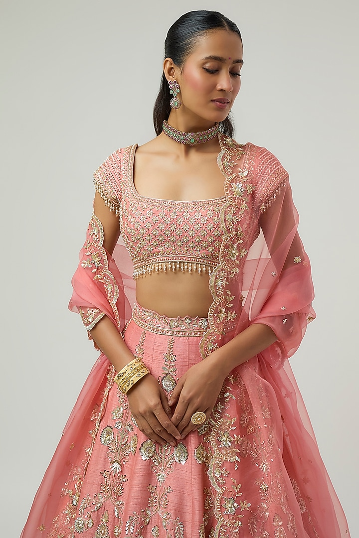 Peach Dupion Zardosi Embroidered Bridal Bridal Lehenga Set by Shlok Design at Pernia's Pop Up Shop