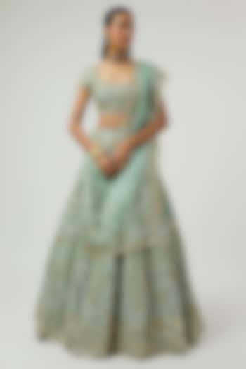 Moss Green Dupion Zardosi Embroidered Bridal Bridal Lehenga Set by Shlok Design at Pernia's Pop Up Shop