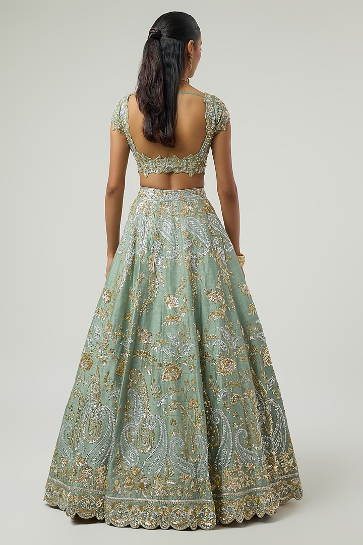 Moss Green Dupion Zardosi Embroidered Bridal Bridal Lehenga Set by Shlok Design at Pernia's Pop Up Shop