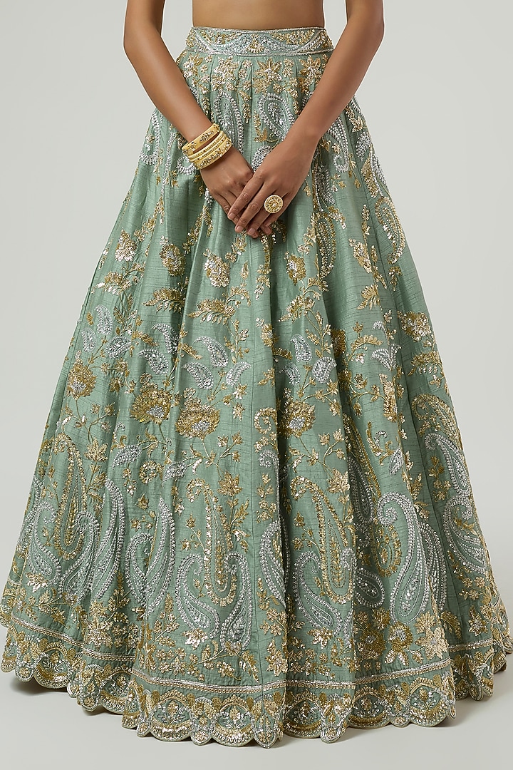 Moss Green Dupion Zardosi Embroidered Bridal Bridal Lehenga Set by Shlok Design at Pernia's Pop Up Shop