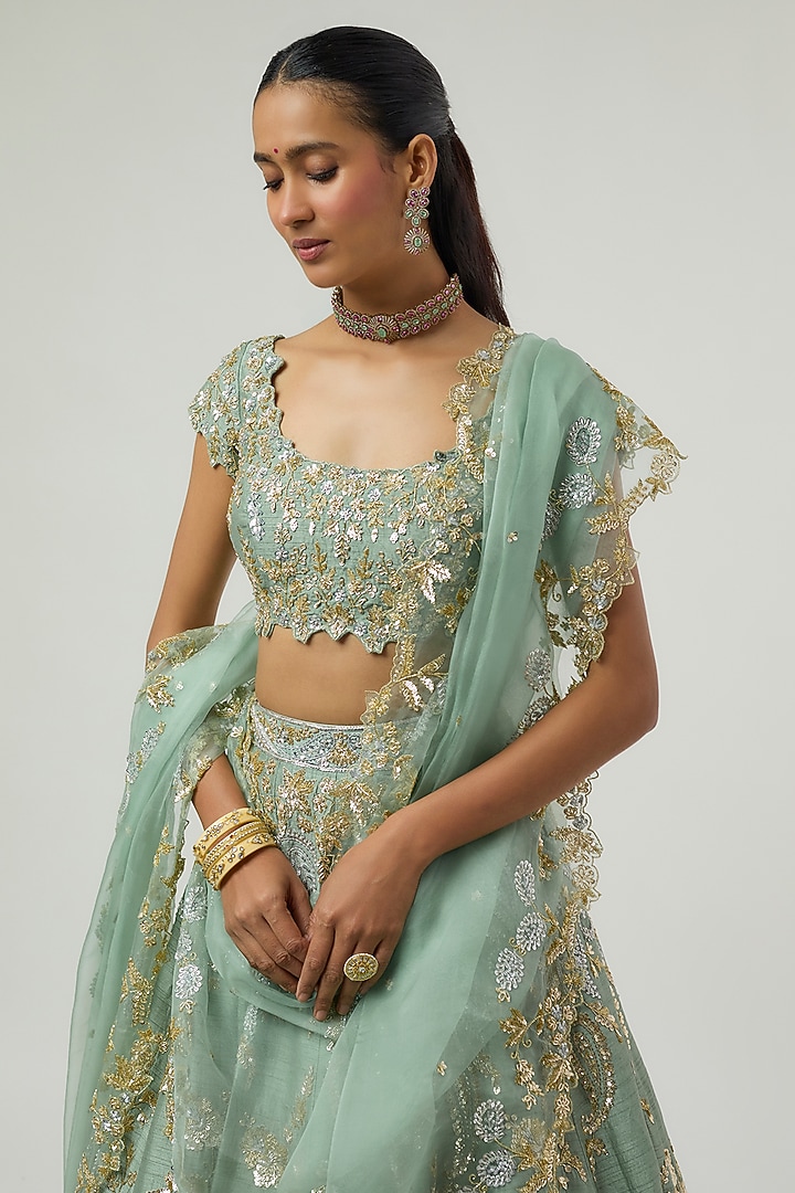Moss Green Dupion Zardosi Embroidered Bridal Bridal Lehenga Set by Shlok Design at Pernia's Pop Up Shop
