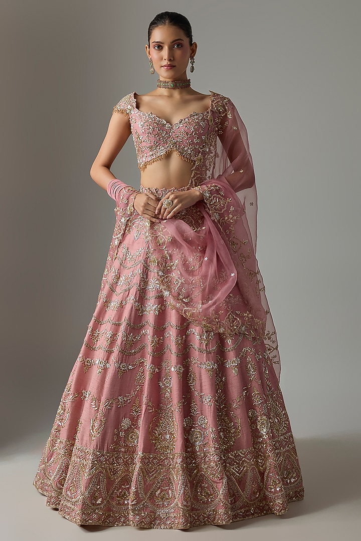 Rose Pink Dupion Zardosi Embroidered Bridal Lehenga Set by Shlok Design at Pernia's Pop Up Shop