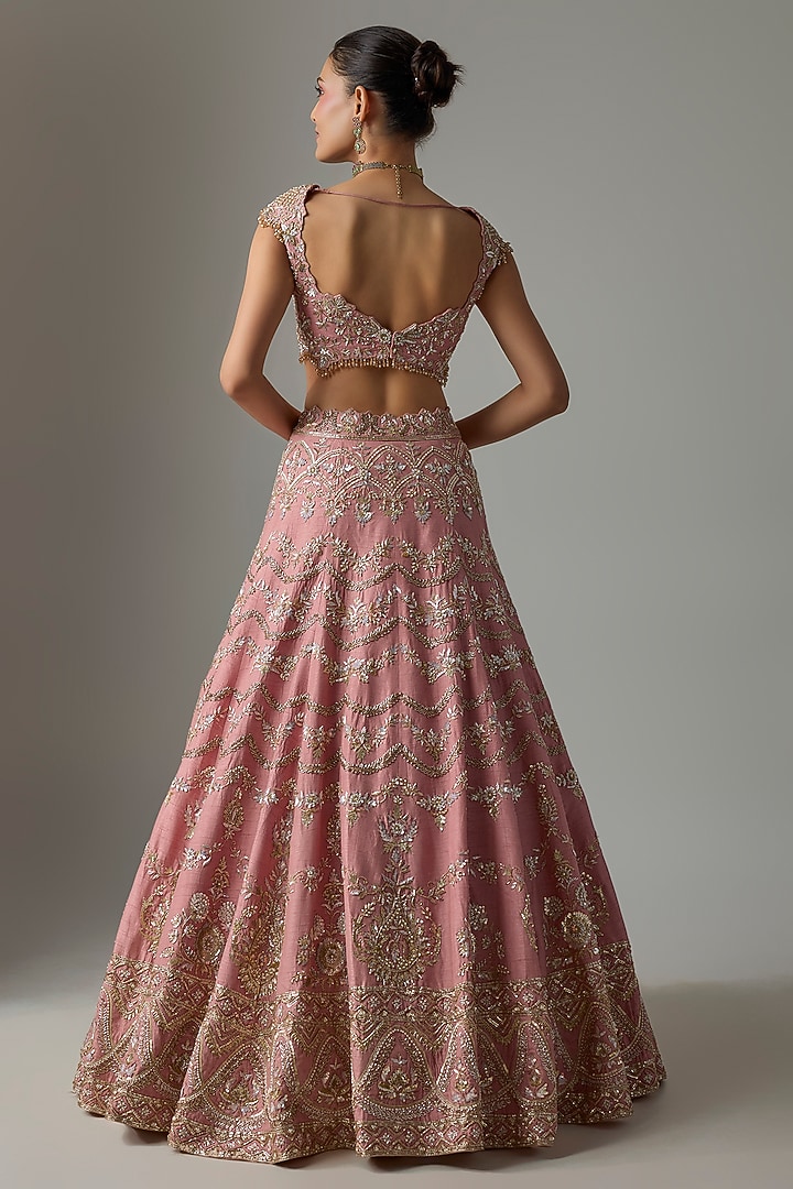 Rose Pink Dupion Zardosi Embroidered Bridal Lehenga Set by Shlok Design at Pernia's Pop Up Shop