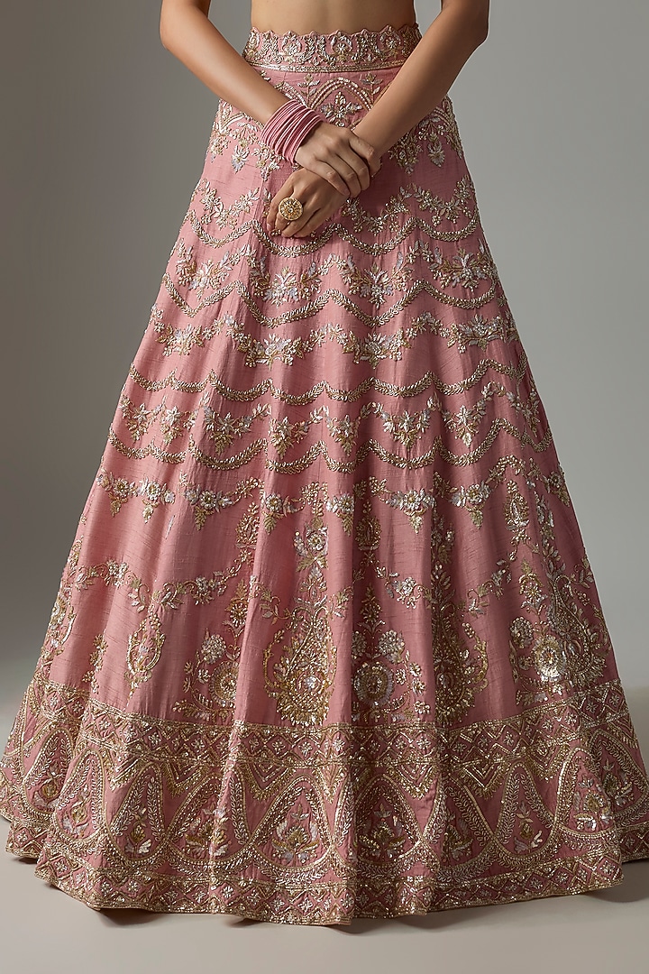 Rose Pink Dupion Zardosi Embroidered Bridal Lehenga Set by Shlok Design at Pernia's Pop Up Shop