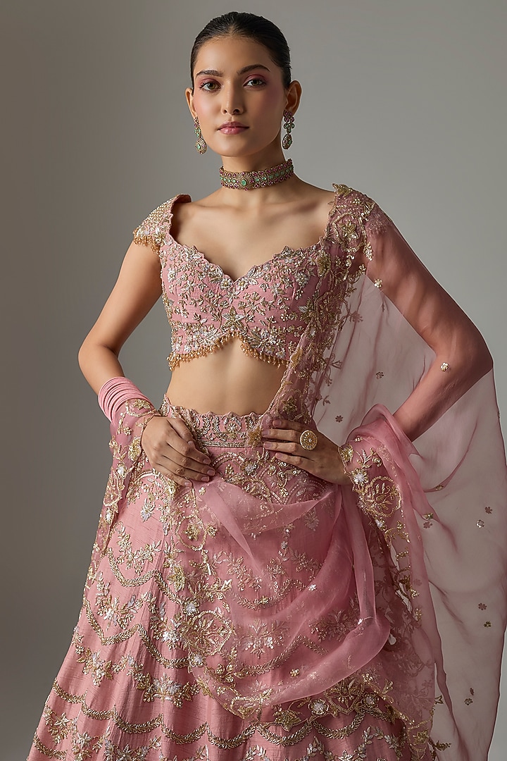 Rose Pink Dupion Zardosi Embroidered Bridal Lehenga Set by Shlok Design at Pernia's Pop Up Shop