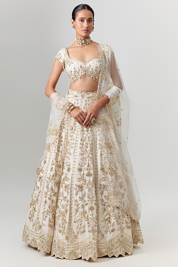 Ivory Dupion Zardosi Embroidered Bridal Bridal Lehenga Set by Shlok Design at Pernia's Pop Up Shop