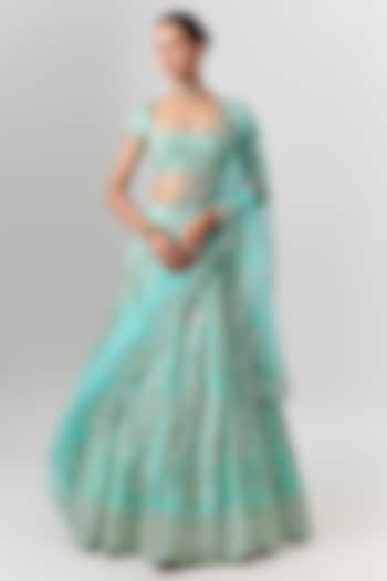 Mint Raw Silk Zardosi Embroidered Bridal Bridal Lehenga Set by Shlok Design at Pernia's Pop Up Shop