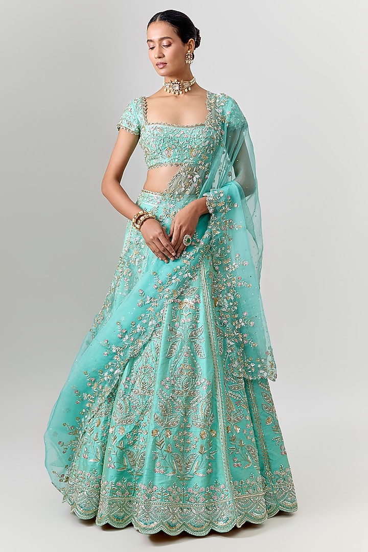 Mint Raw Silk Zardosi Embroidered Bridal Bridal Lehenga Set by Shlok Design at Pernia's Pop Up Shop