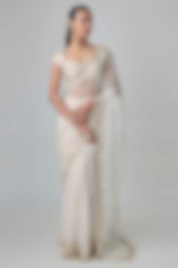 Off-White Organza Cutwork Embroidered Wedding Saree Set by Shlok Design at Pernia's Pop Up Shop